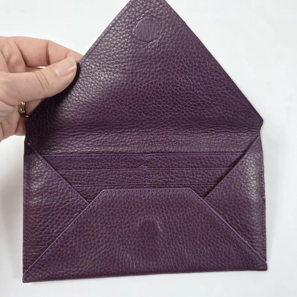 Otto Angelino Plum Purple Leather Envelope Wallet Clutch RFID Card Holder